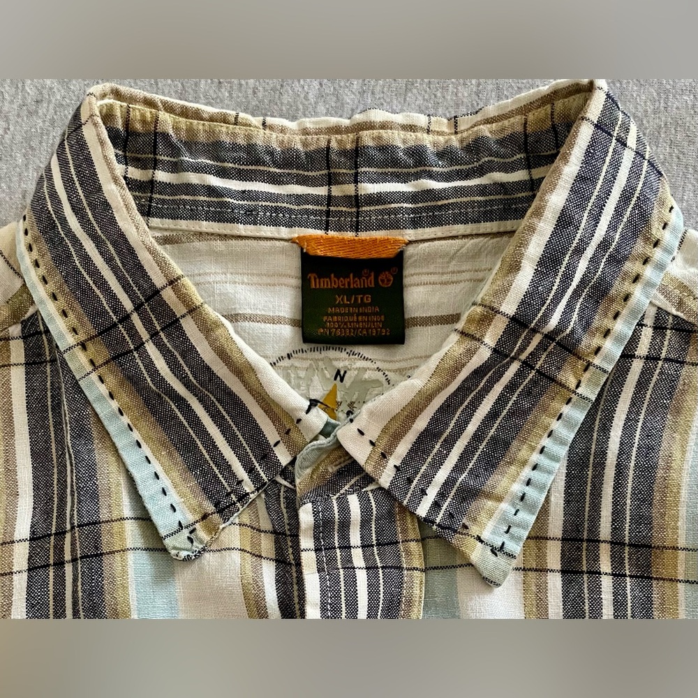 Timberland Men’s XL Multicolored Short Sleeve Linen Button Down Stitched Collar - Picture 6 of 8
